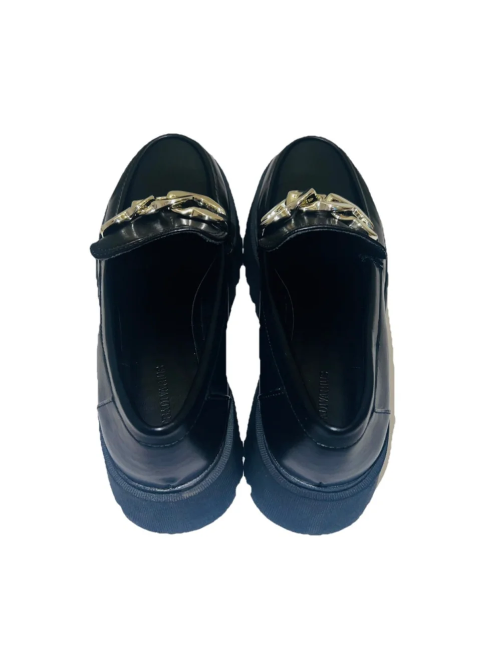 Black Chunky Lug Sole Loafers Gold Chain Platform Minimalist Chic Shoes